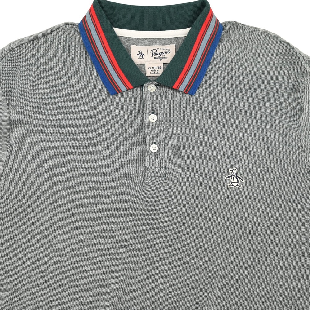 100% Cotton Original Penguin Men Textured Knit Polo Shirt Green Stripe Collar XL